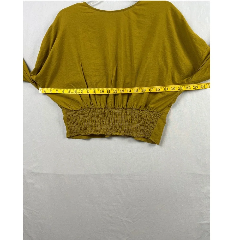 Free People Crop Top Women L Button Up Mustard Gold V-Neck Smocked Long Sleeve